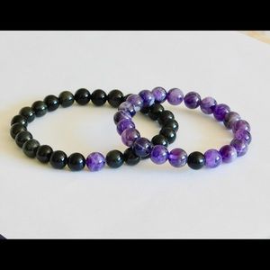Purple Amethyst Black Obsidian Crystal Bead Friendship Couples Distance Bracelet
